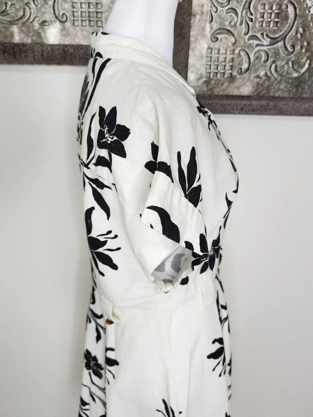 Zara Cream & Black Floral Linen Blend Button-Front Fit-and-Flare Dress Large - Picture 10 of 16